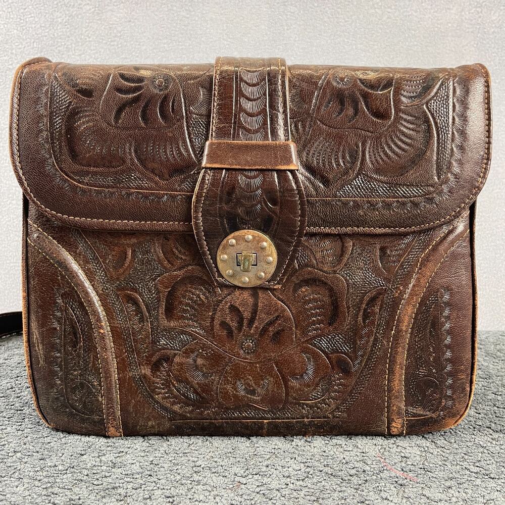 Vintage Mickey Hand Tooled Genuine Leather Bag Purse Mexico Boho Western Floral